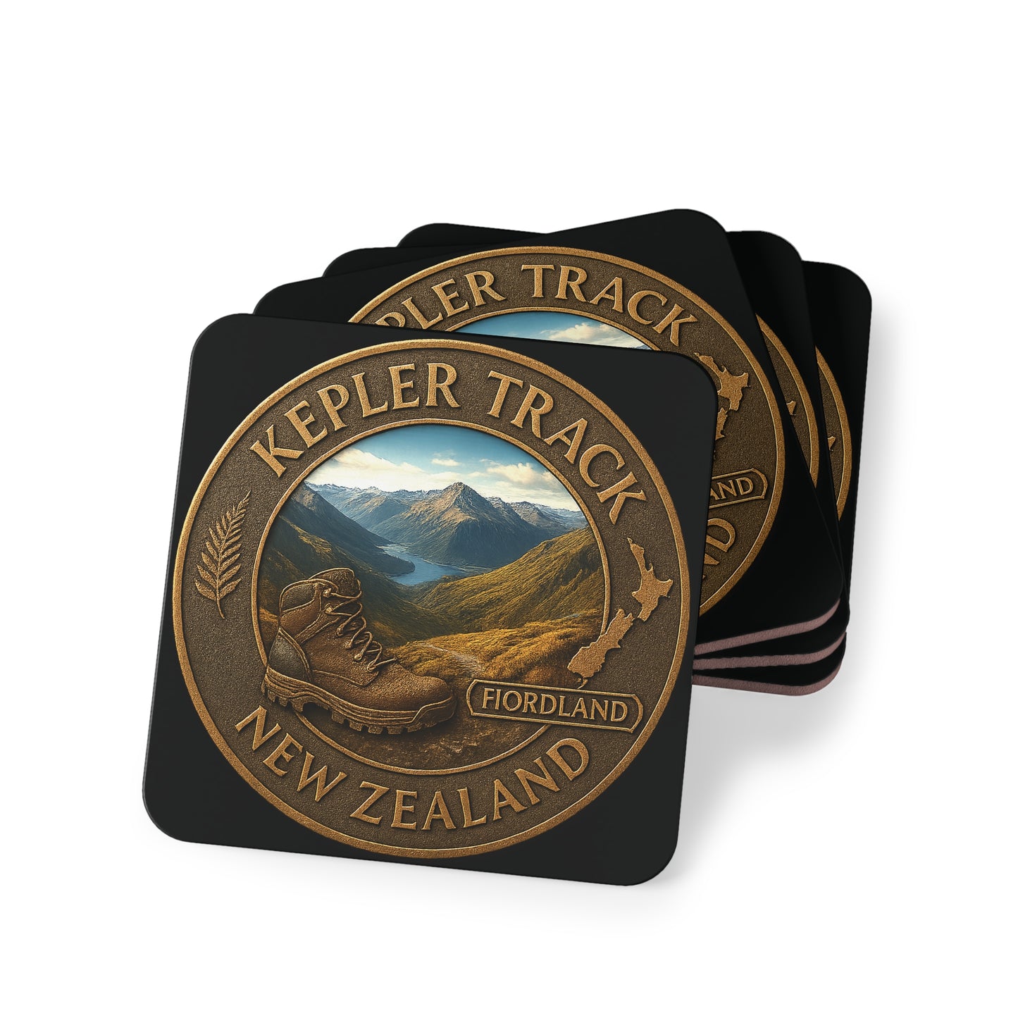 Set of four coasters with 'Kepler Track, New Zealand' design on a white background