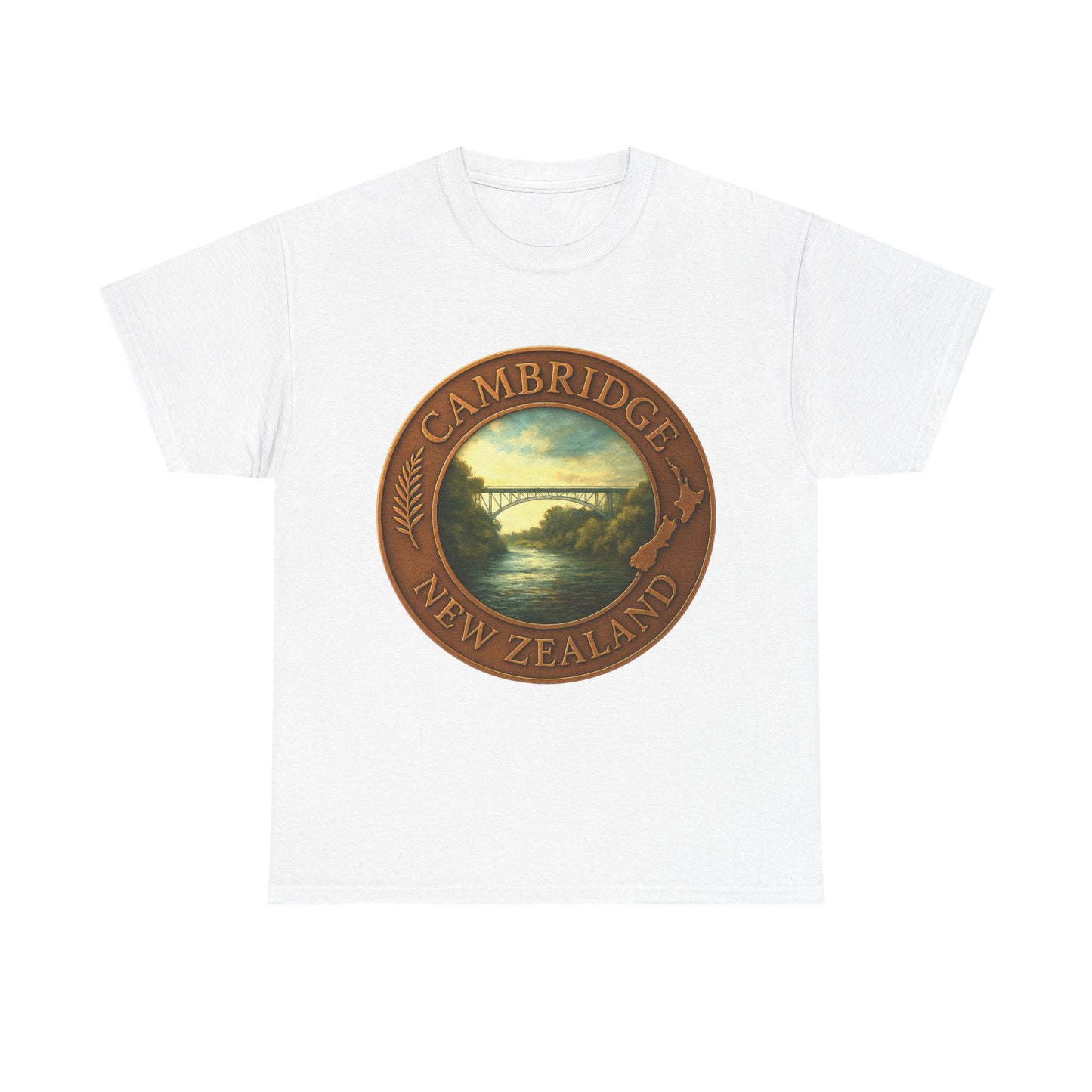 White t-shirt with a scenic Cambridge New Zealand design on a white background