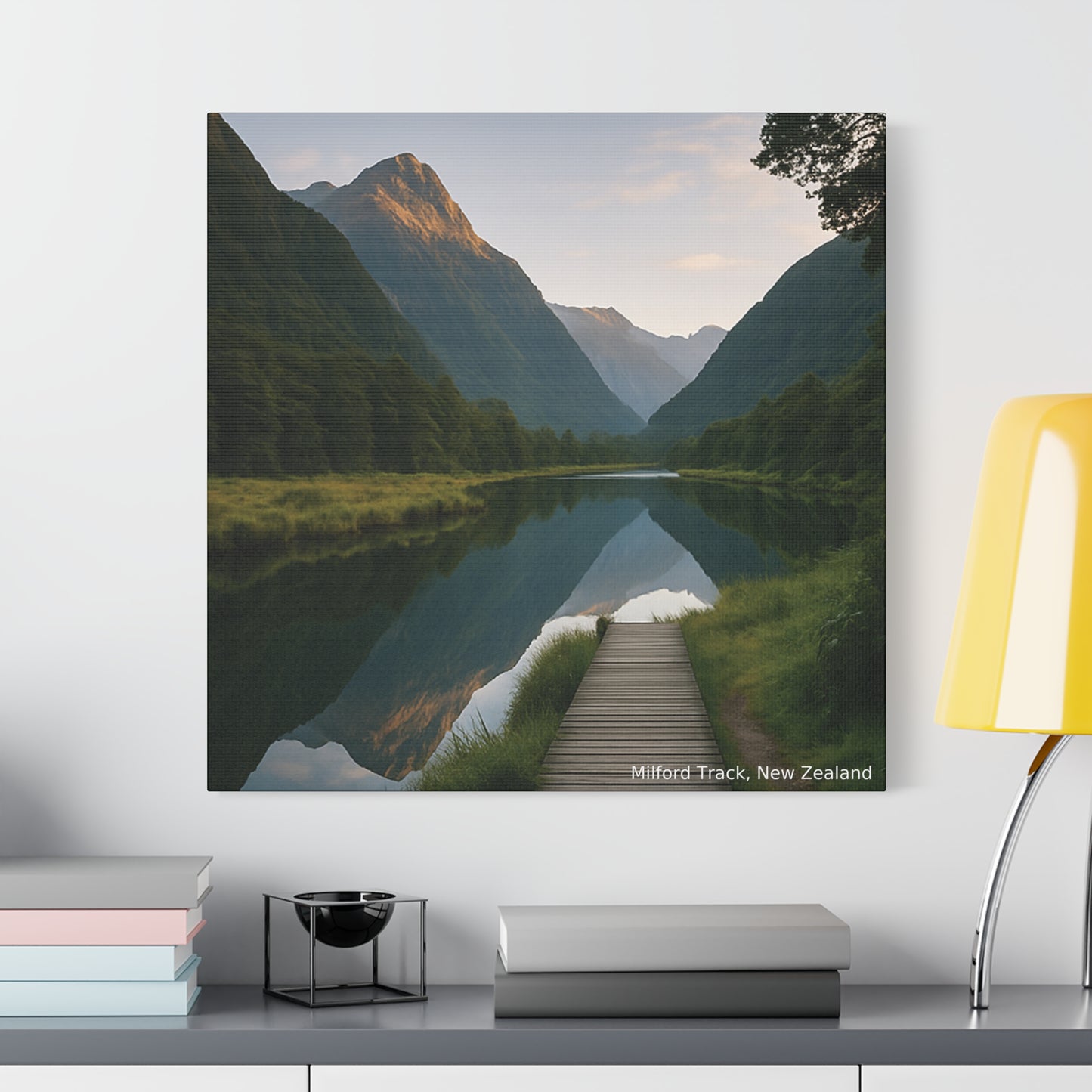 Scenic painting of a mountain landscape with a wooden path on a wall above a shelf.