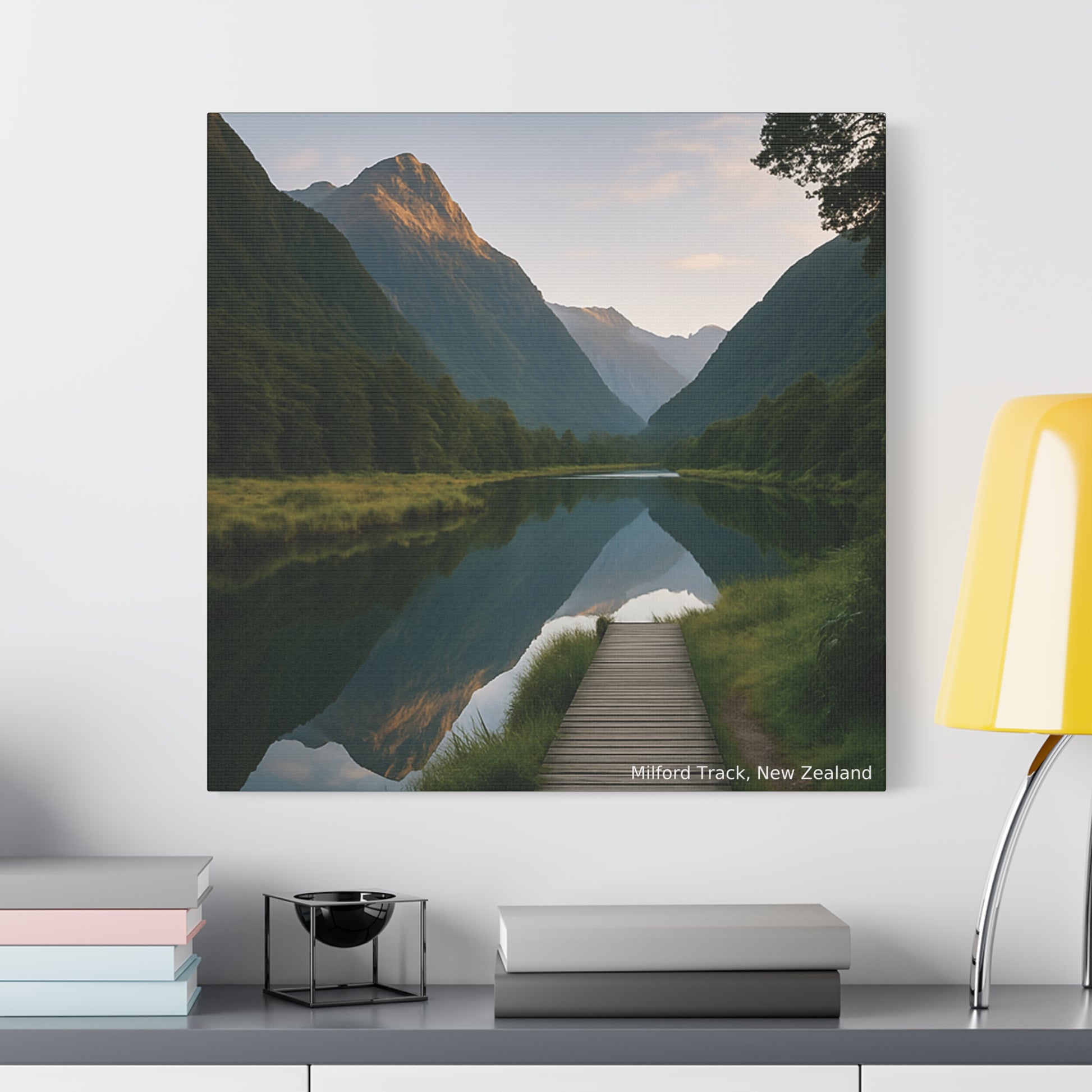 Scenic painting of a mountain landscape with a wooden path on a wall above a shelf.