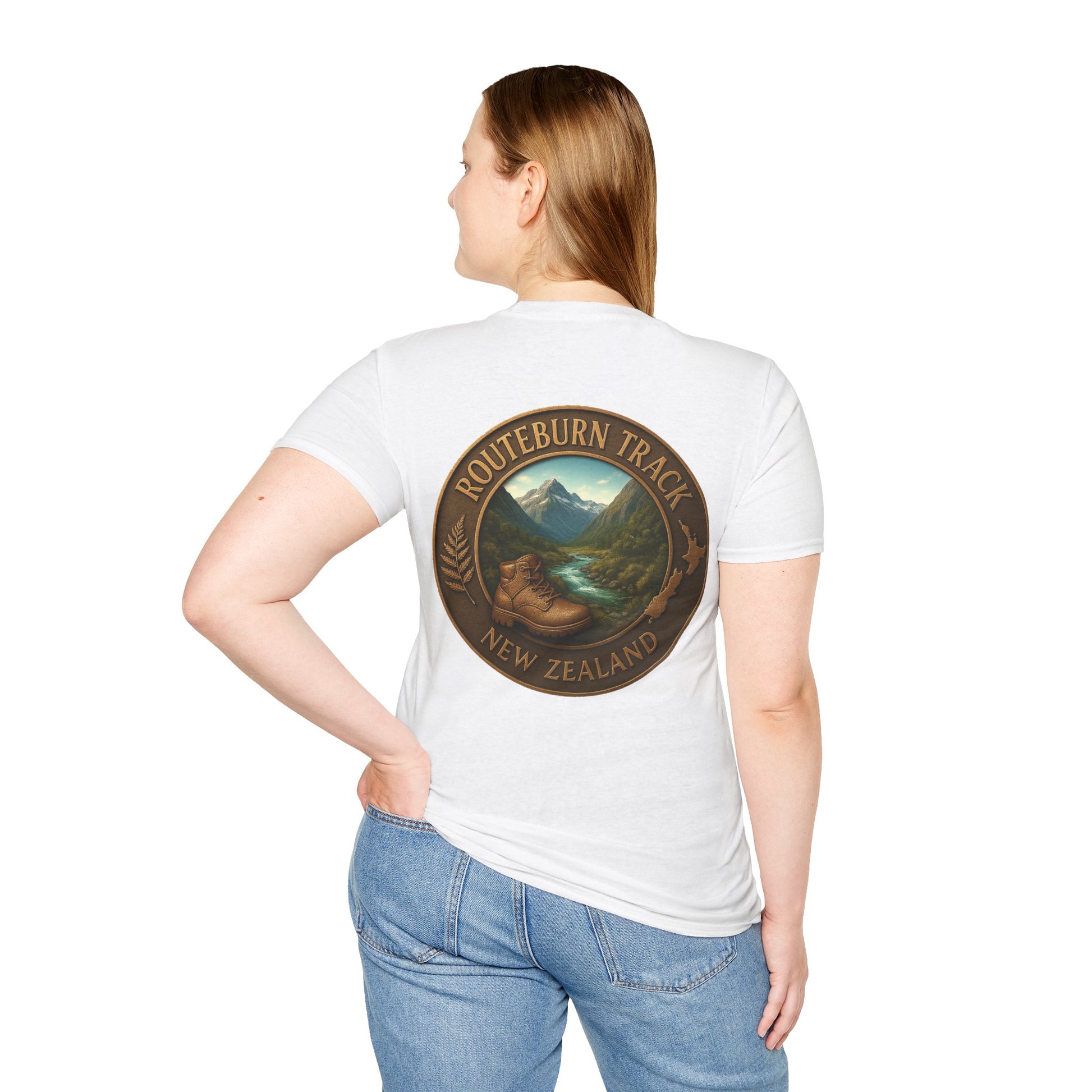 Person wearing a white t-shirt with a 'Routeburn Track, New Zealand' design on the back.