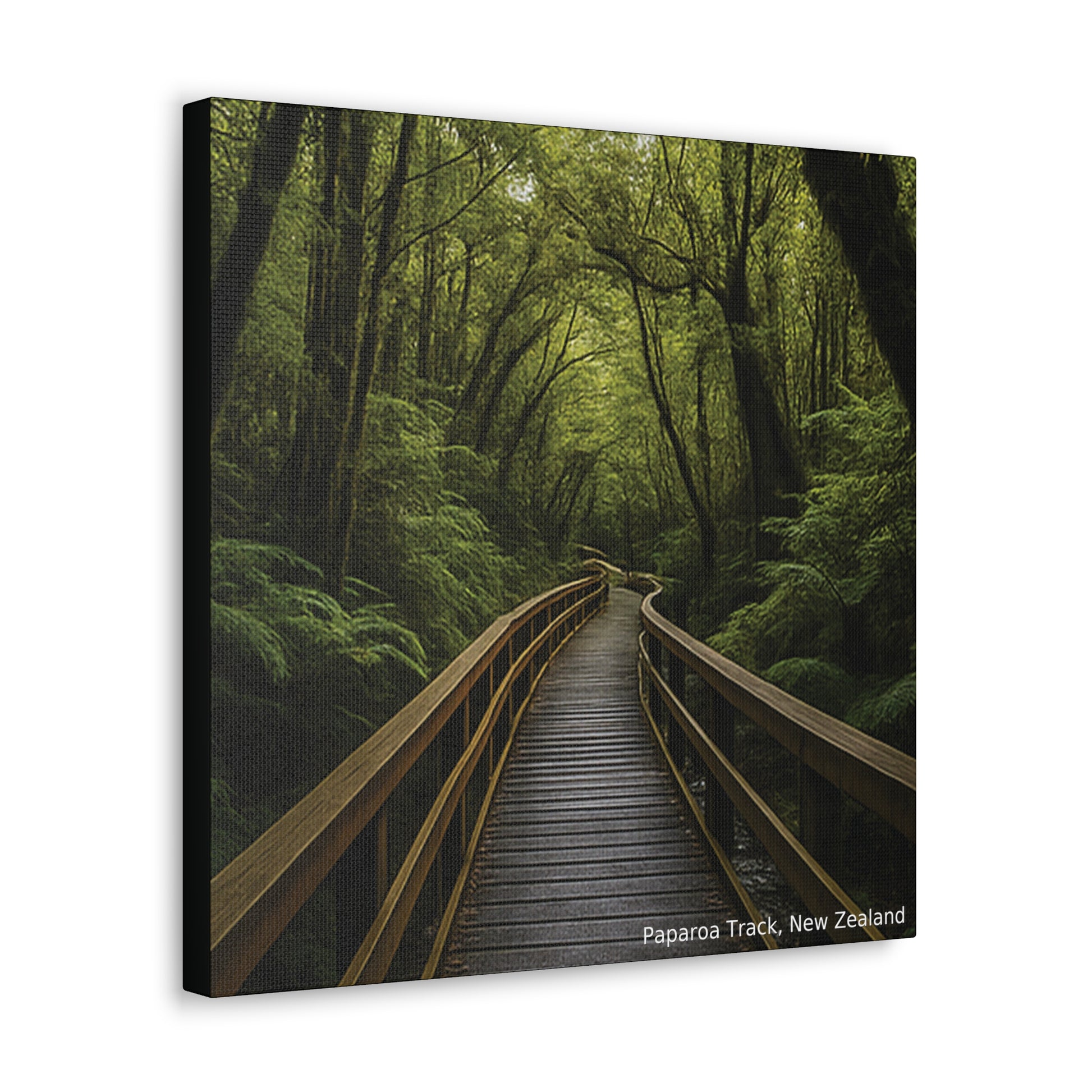 Canvas print of a wooden boardwalk through a lush green forest with 'Paparoa Track, New Zealand' text.