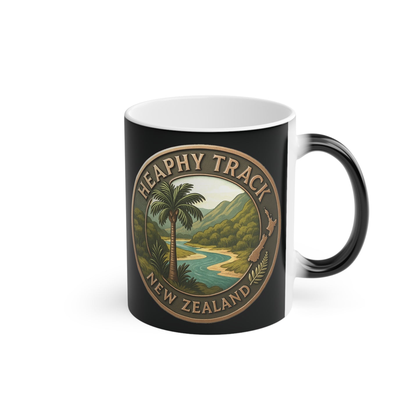 Black mug with Heaphy Track New Zealand design on a white background