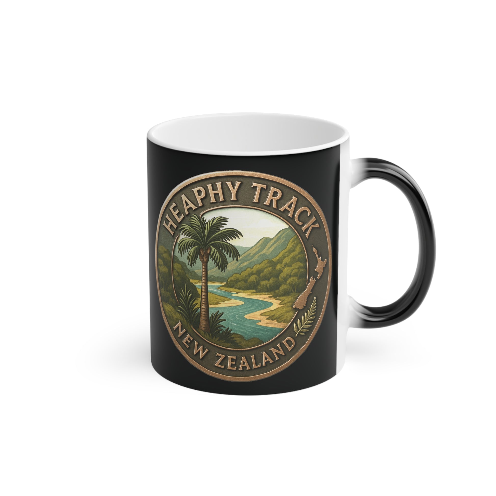 Black mug with Heaphy Track New Zealand design on a white background