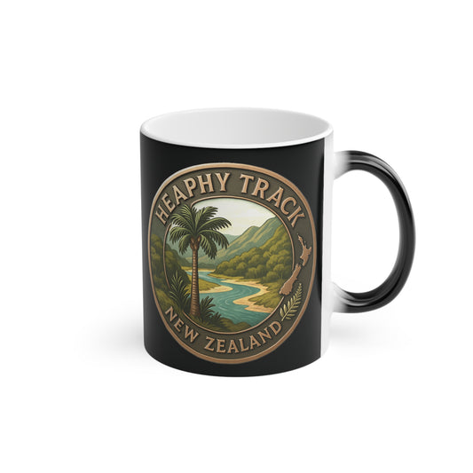 Black mug with Heaphy Track New Zealand design on a white background