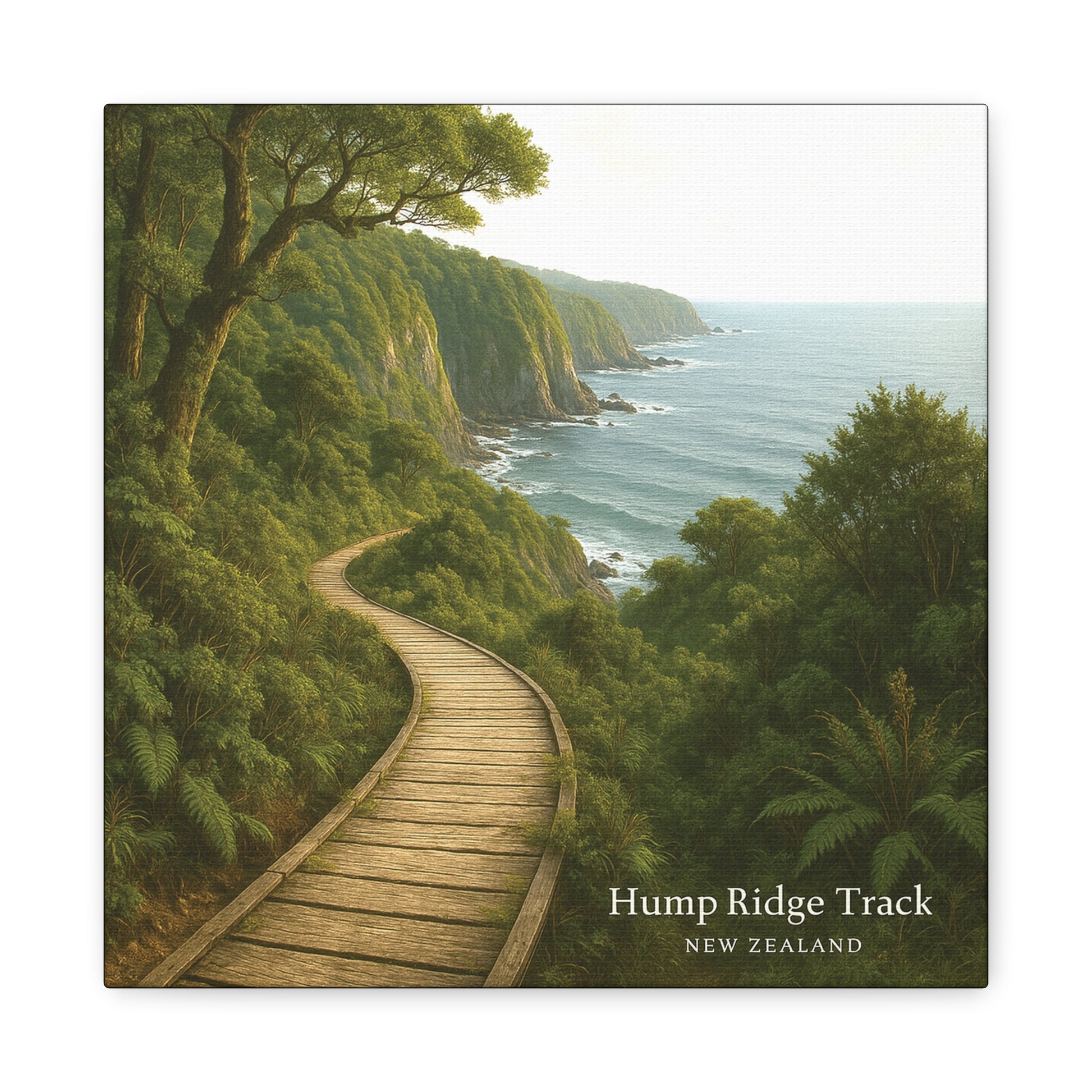 Wooden path winding through a lush green landscape with ocean view, labeled 'Hump Ridge Track, New Zealand'.