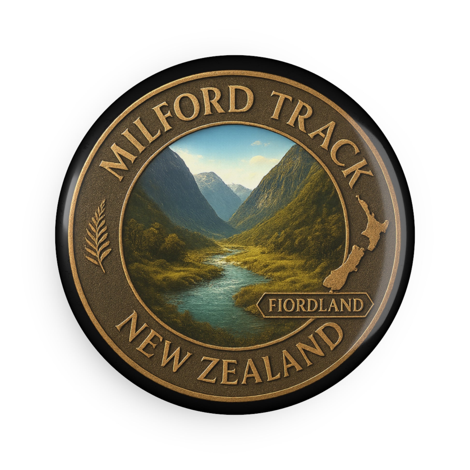 Round badge with Milford Track, Fiordland text and scenic image on a white background