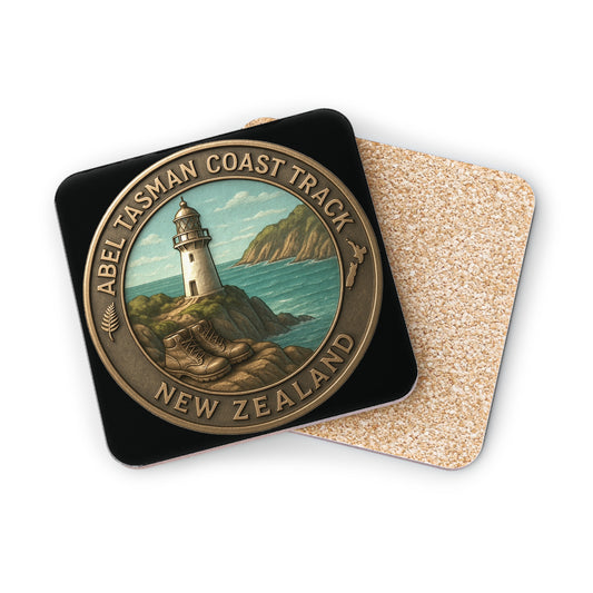 Coaster with lighthouse design and 'Abel Tasman Coast Track, New Zealand' text on a white background