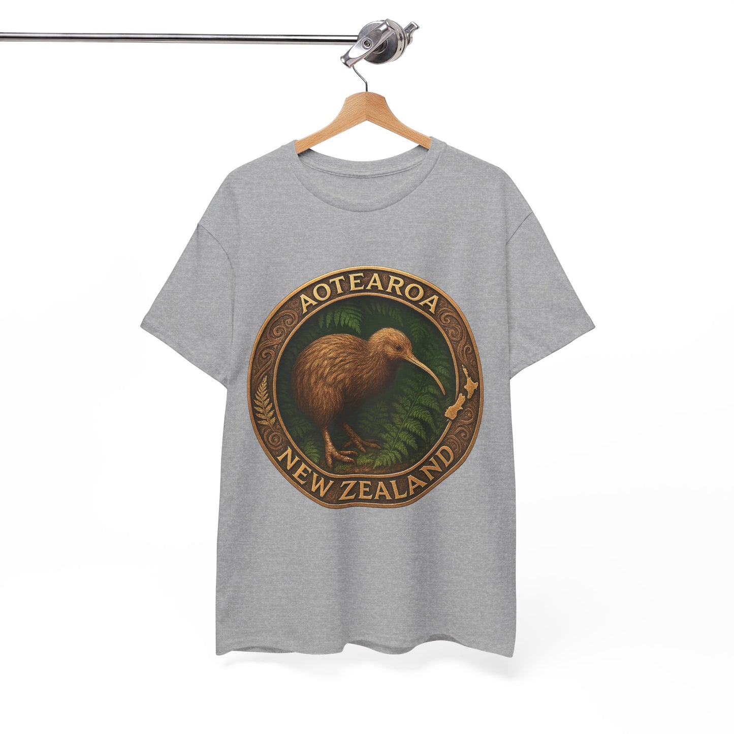 Gray t-shirt with a kiwi bird graphic and 'Aotearoa New Zealand' text on a hanger against a white background