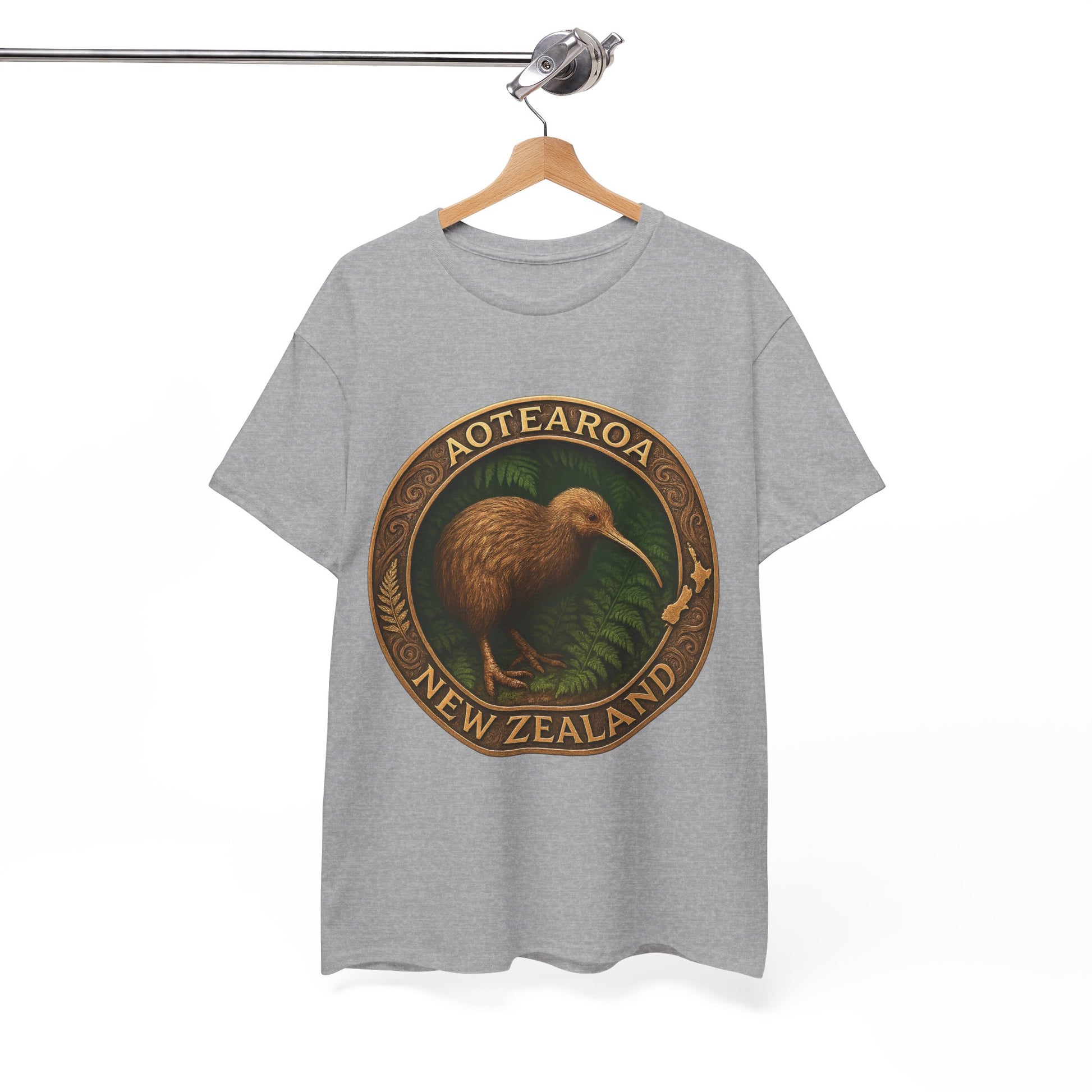 Gray t-shirt with a kiwi bird graphic and 'Aotearoa New Zealand' text on a hanger against a white background
