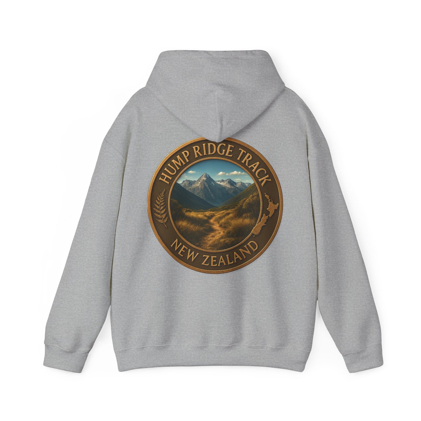 Gray hoodie with 'Hump Ridge Track, New Zealand' design on the back against a white background