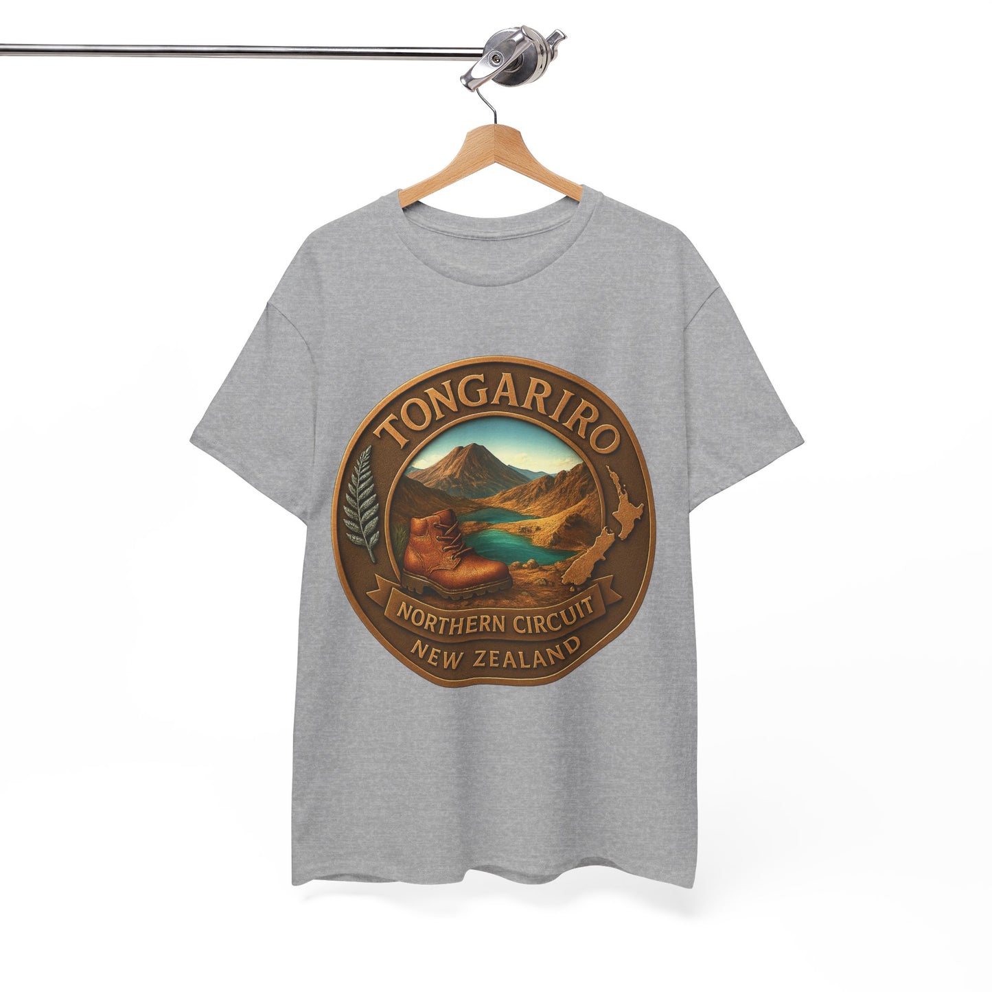 Gray t-shirt with Tongariro Northern Circuit New Zealand graphic on a hanger