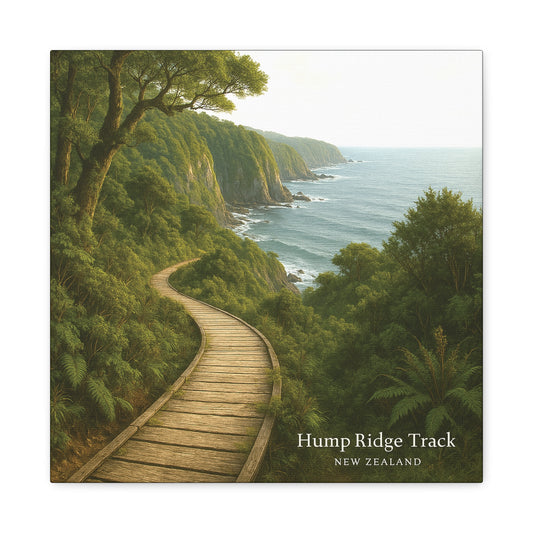 Wooden path winding through lush greenery with ocean view, labeled 'Hump Ridge Track, New Zealand'. Canvas