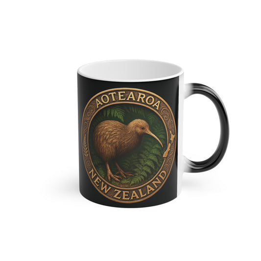 Black mug with kiwi bird design and 'Aotearoa New Zealand' text on a white background