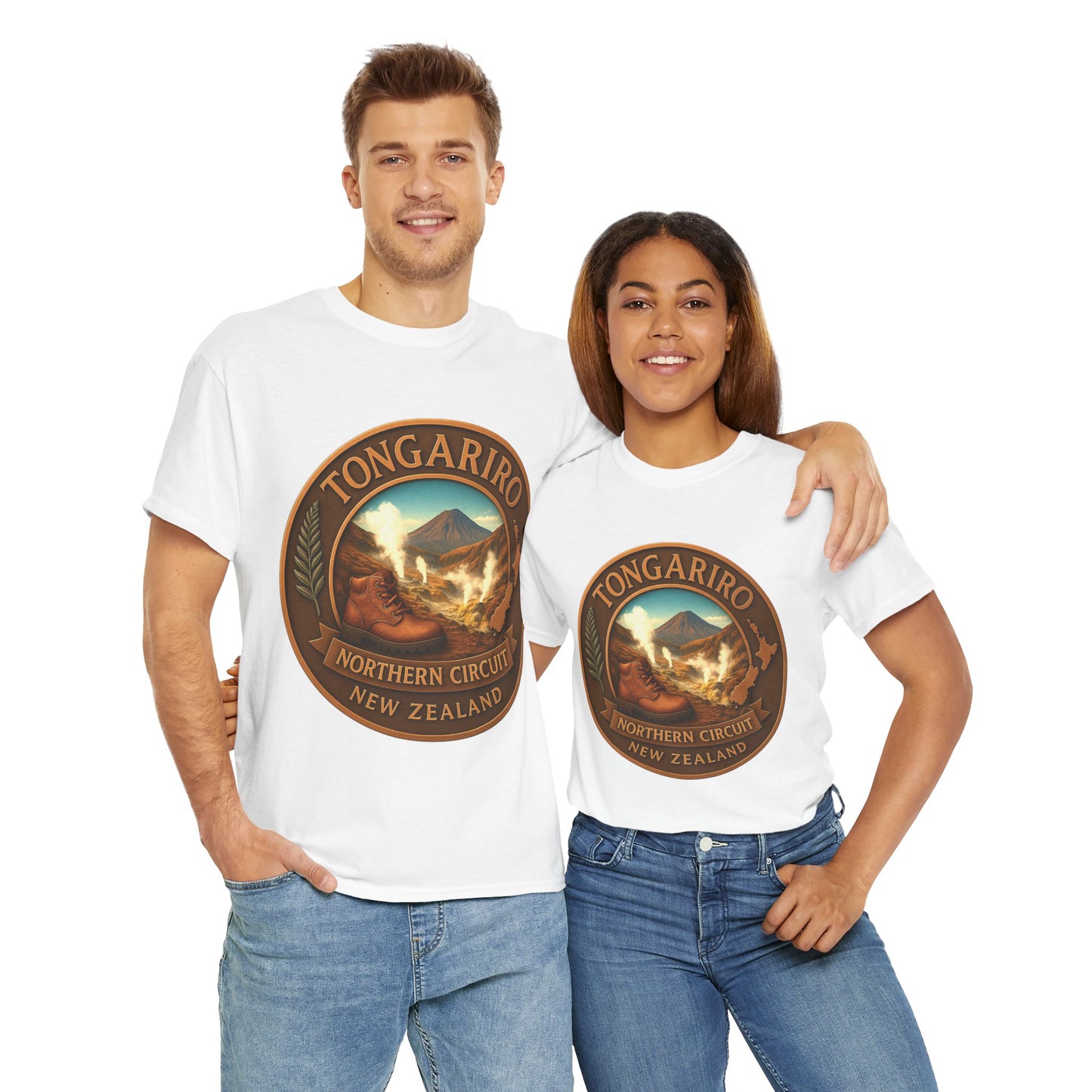 Two people wearing white t-shirts with Tongariro Northern Circuit New Zealand design.