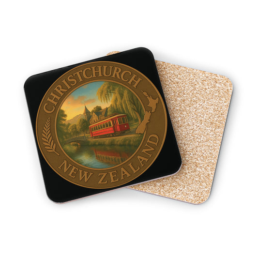 Coaster with Christchurch, New Zealand design featuring a red tram and scenic illustration on a white background.