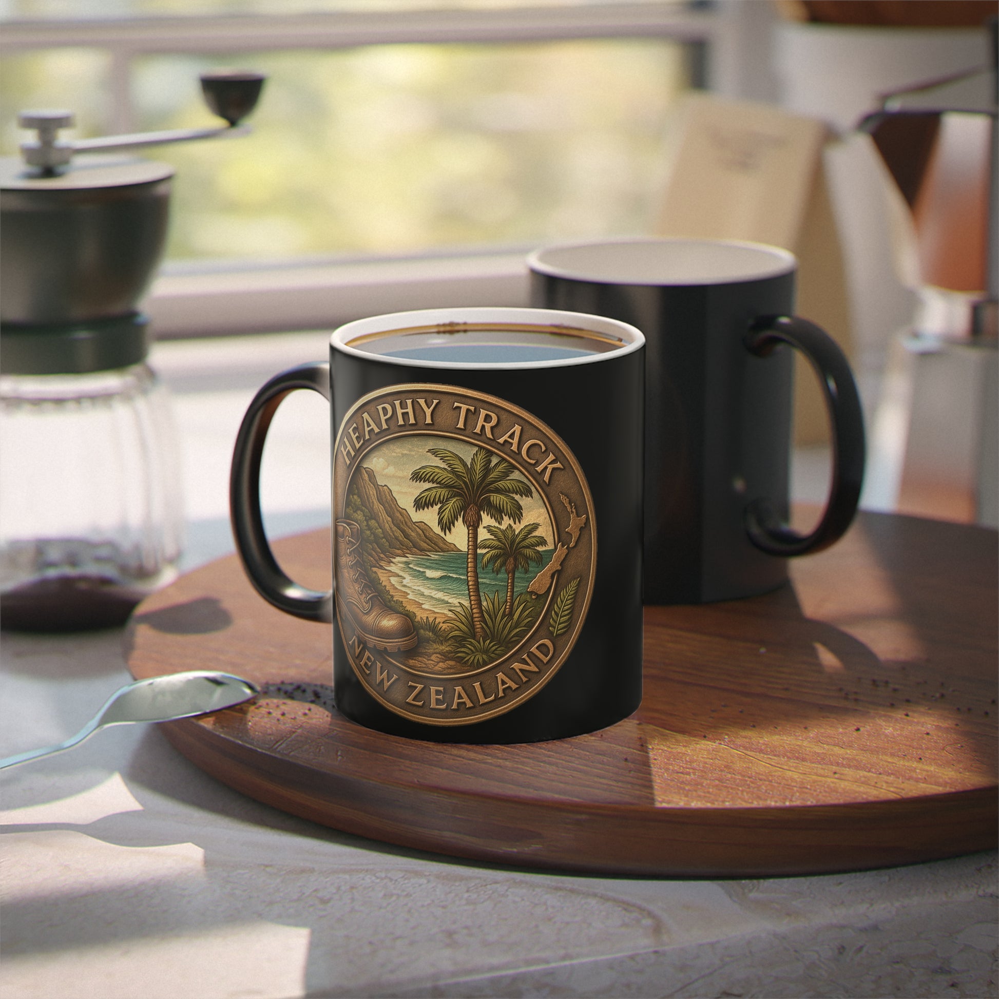 Black mug with a Heaphy Track scenic design on a wooden coaster in a kitchen setting