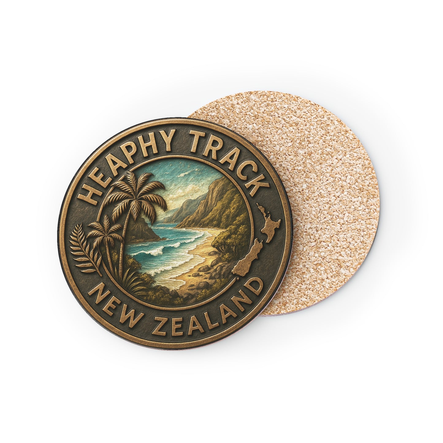 Coaster with scenic design and 'Heaphy Track New Zealand' text on a white background