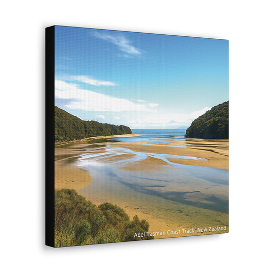 Canvas print of a beach scene with greenery and water, labeled 'Abel Tasman Coast Track, New Zealand'.