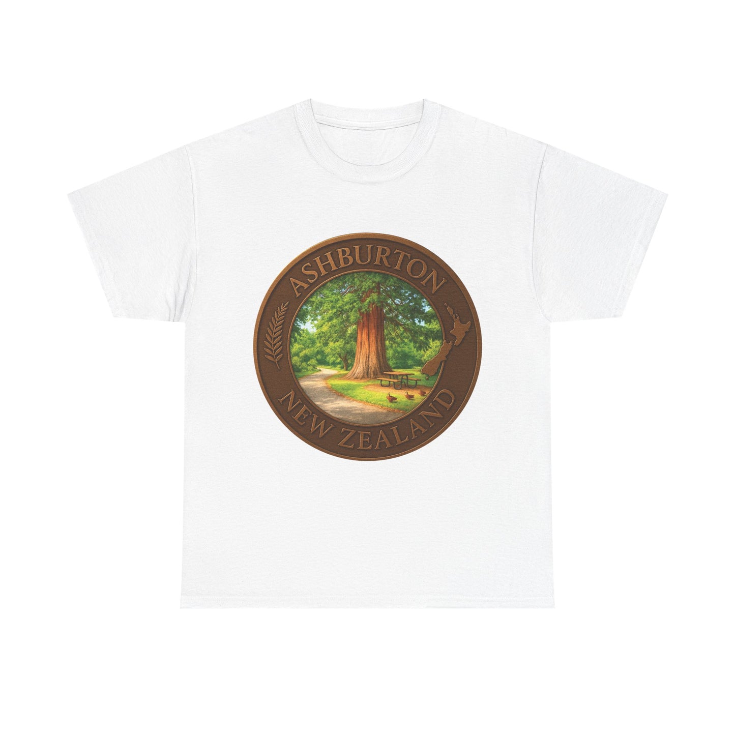 White t-shirt with a circular design featuring a tree and 'Ashburton New Zealand' text on a white background