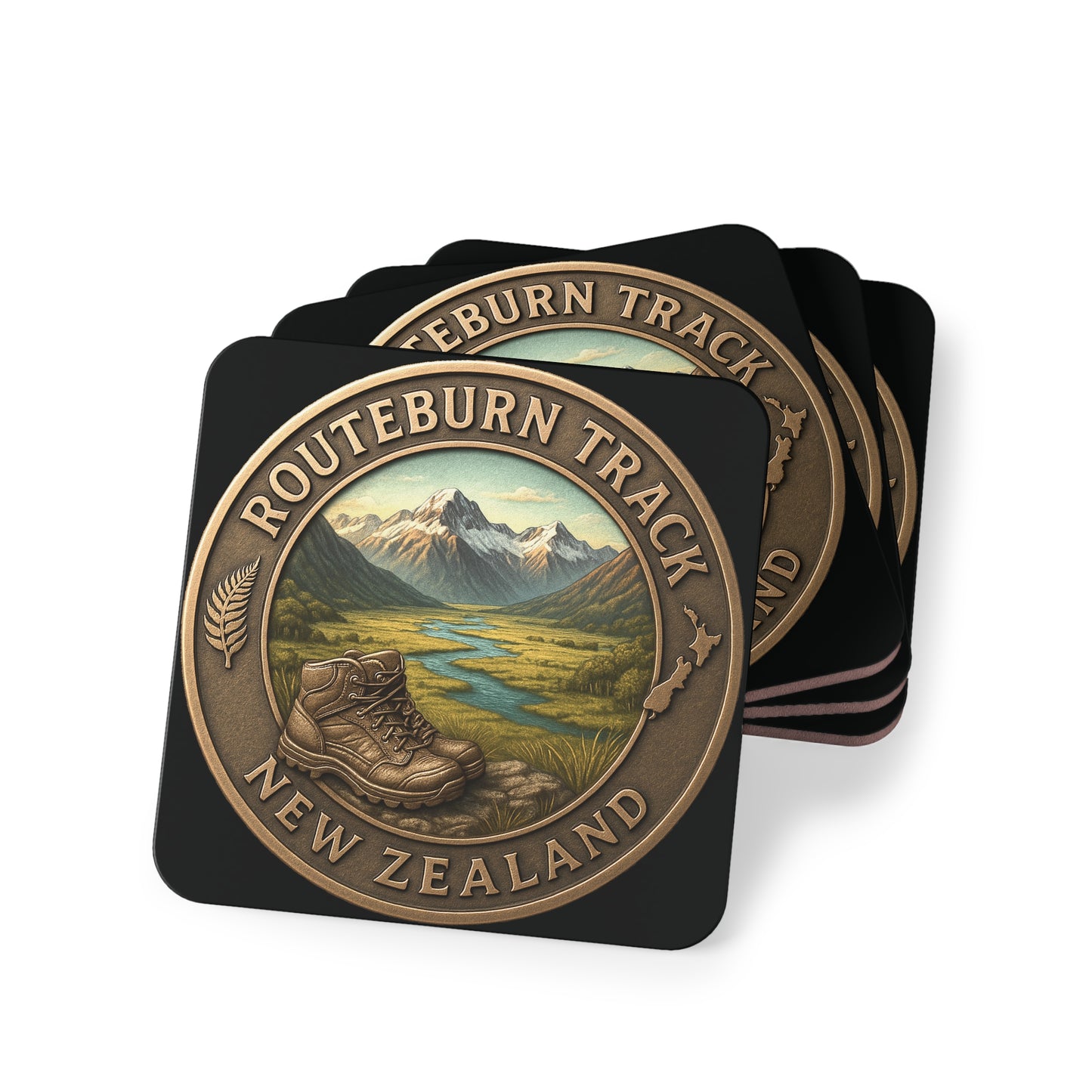 Coasters with Routeburn Track New Zealand design on a white background