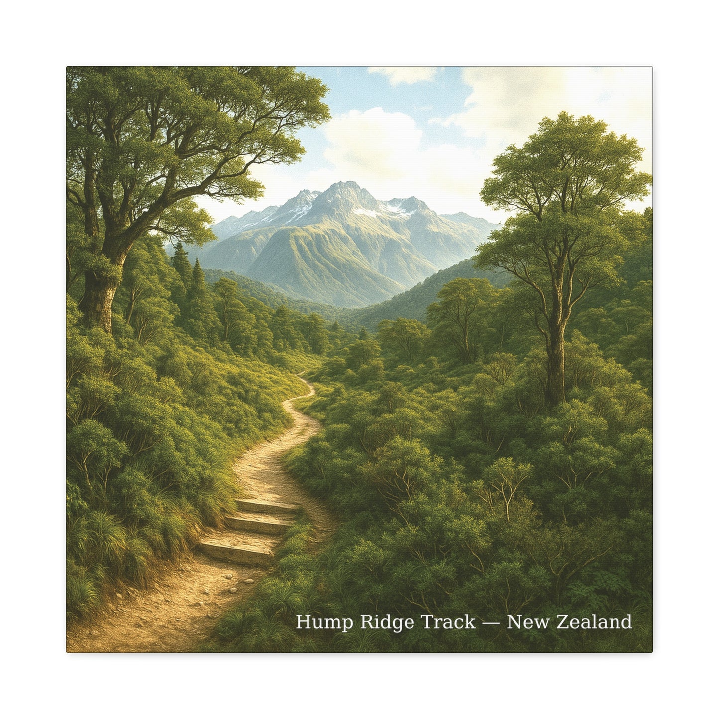 Scenic view of the Hump Ridge Track in New Zealand with a path leading through trees and mountains.