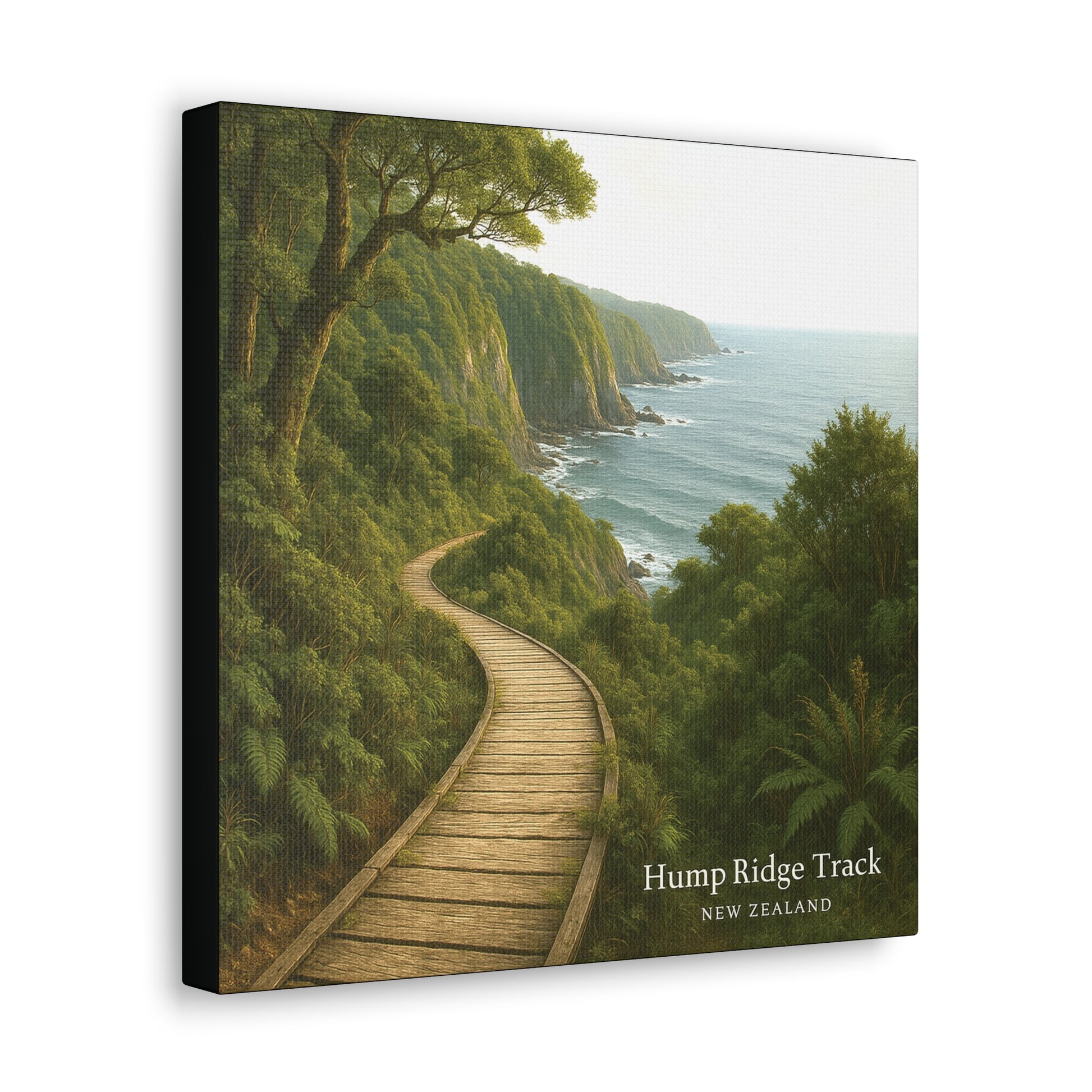 Canvas print of a scenic view with a wooden path leading to the ocean, labeled 'Hump Ridge Track, New Zealand'.