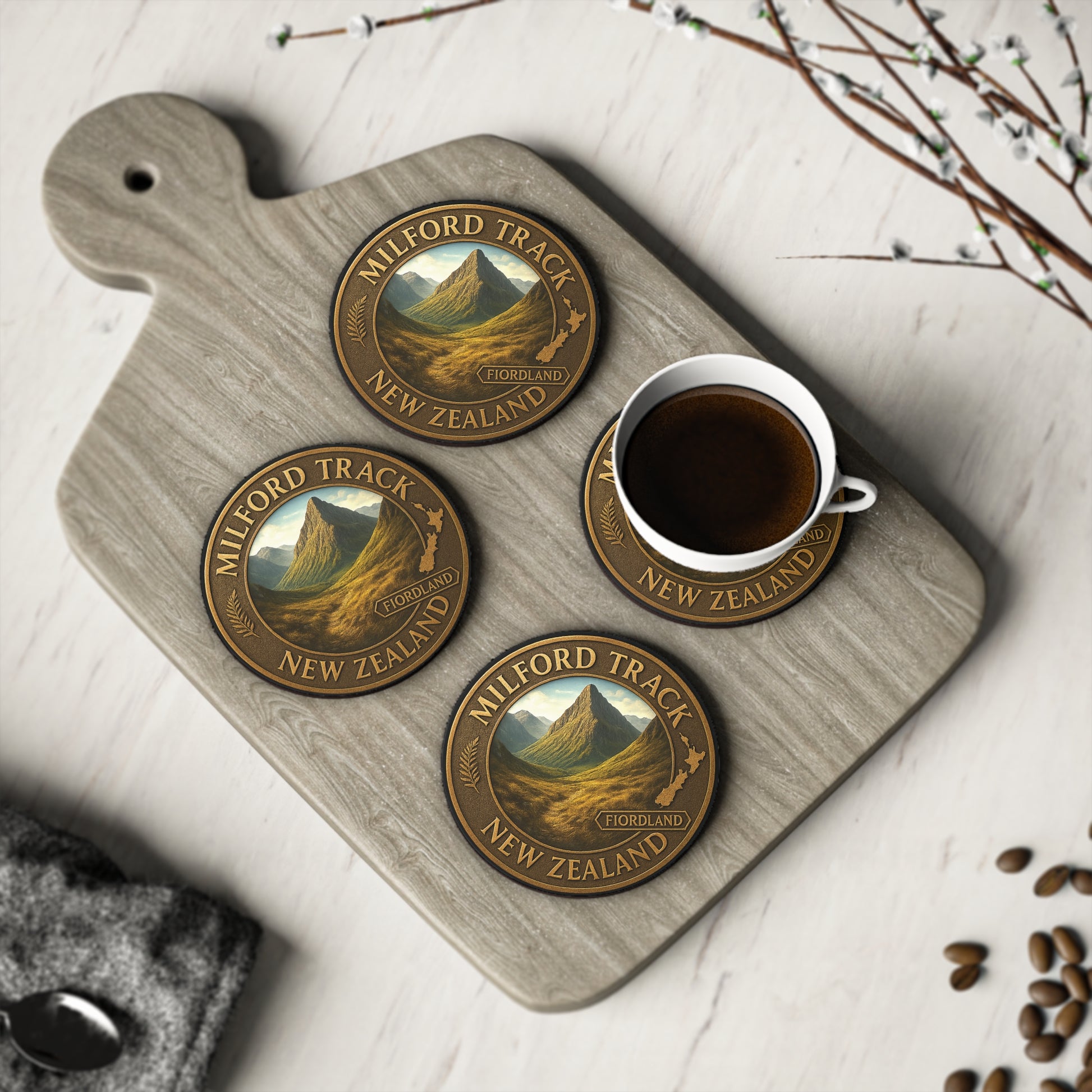 Coasters with Milford Track design on a wooden board with a cup of coffee.