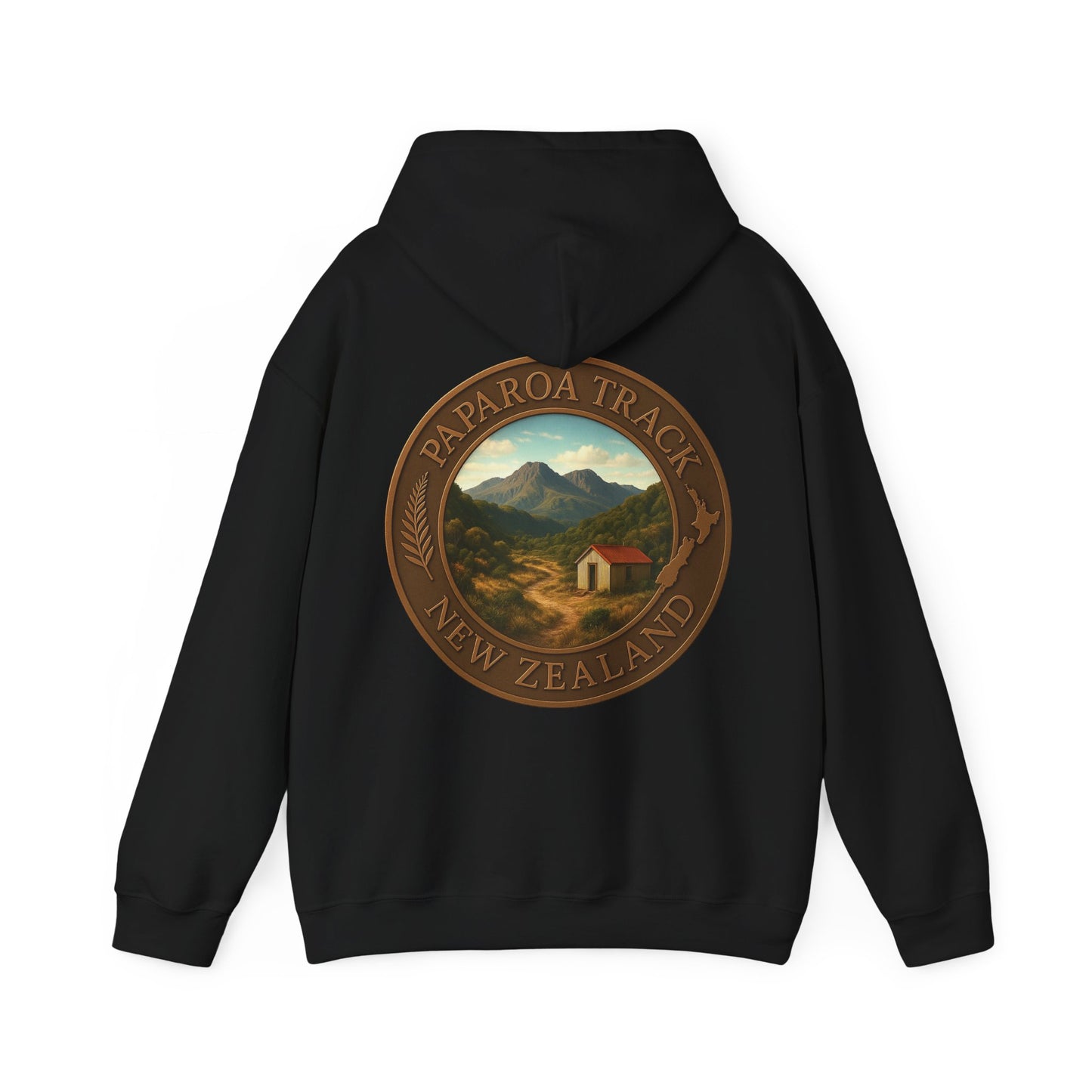 Black hoodie with a Paparoa Track New Zealand design on the back