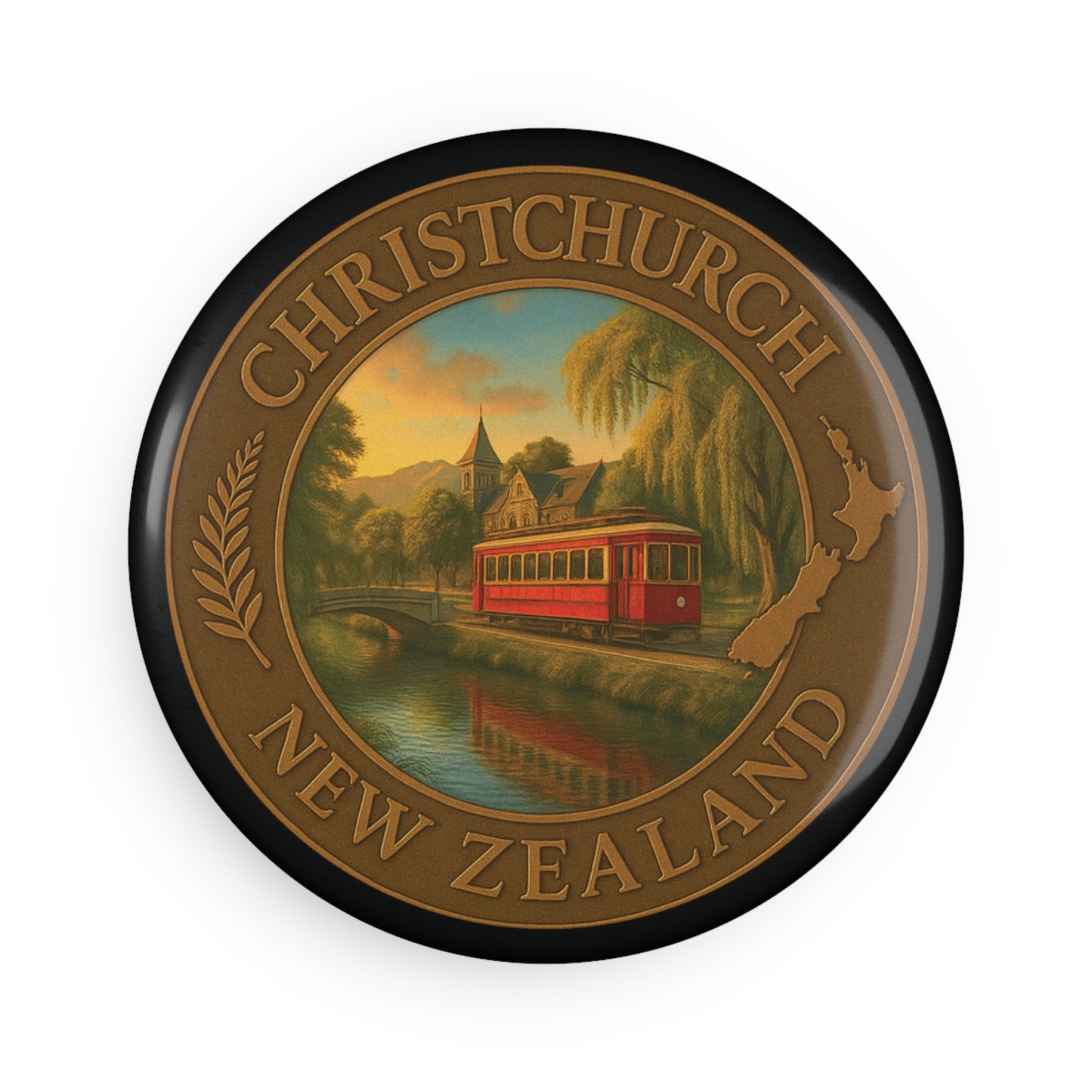 Round badge with Christchurch, New Zealand text and scenic illustration on a white background