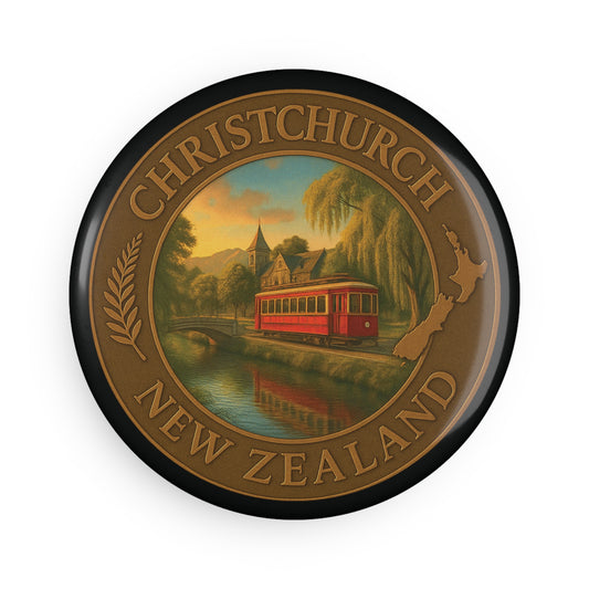 Round badge with Christchurch, New Zealand text and scenic illustration on a white background