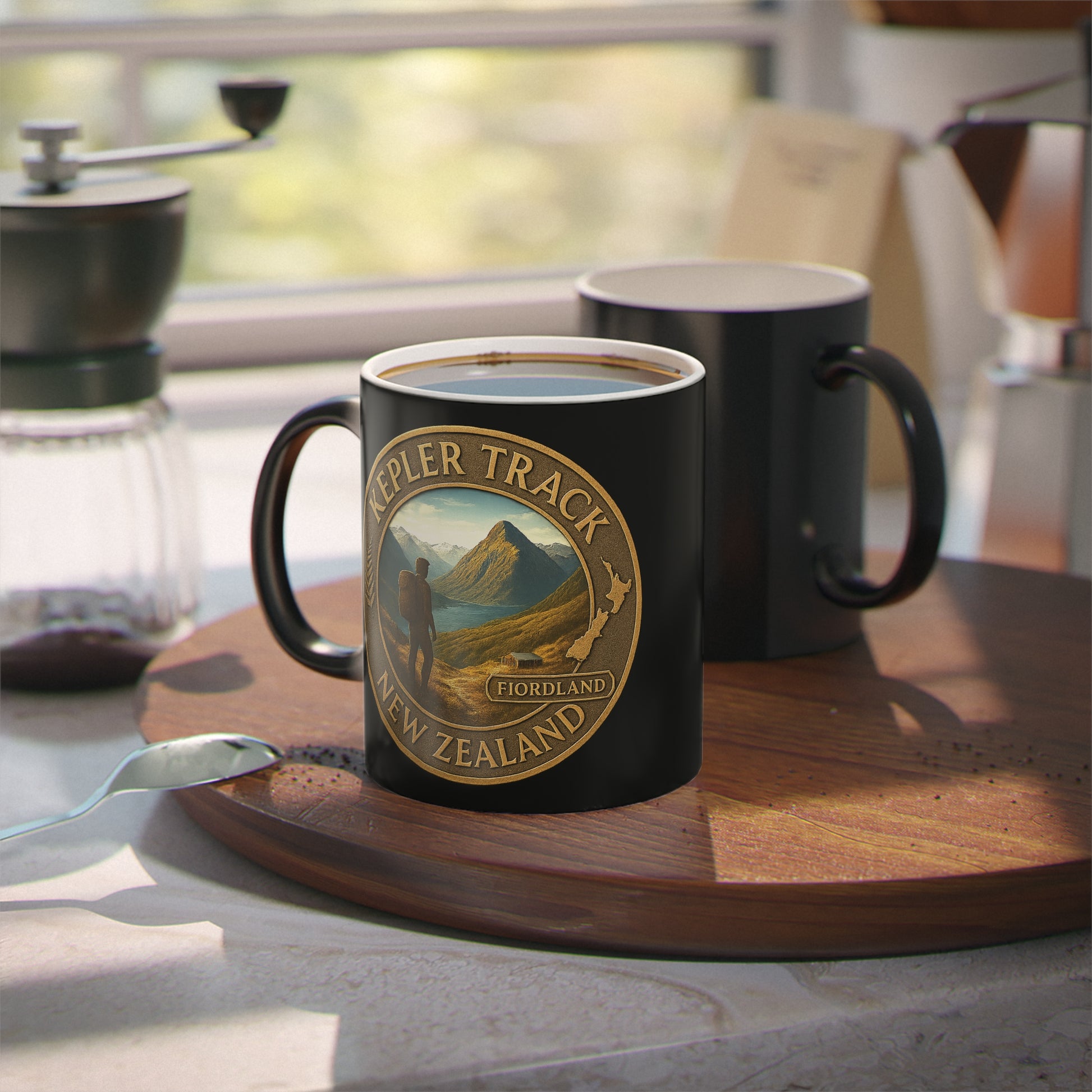 Black mug with 'Kepler Track, New Zealand' design on a wooden tray with coffee and a grinder.