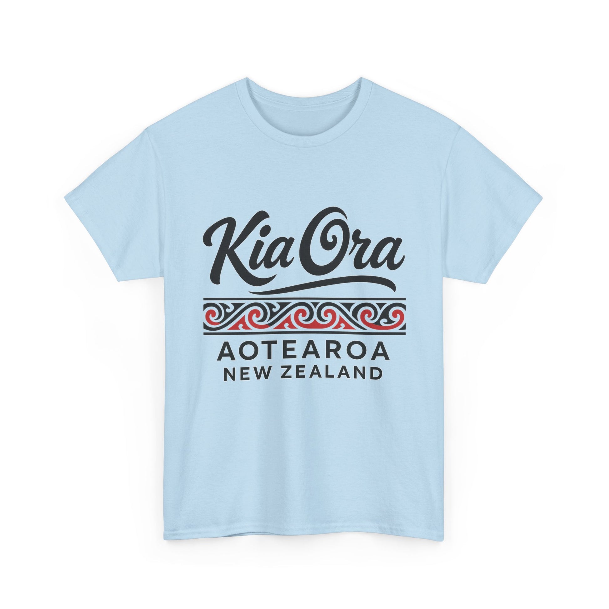 Light blue t-shirt with 'Kia Ora Aotearoa New Zealand' text on a white background