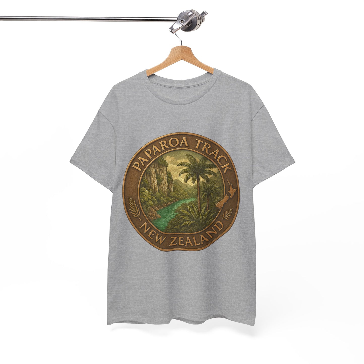 Gray t-shirt with Paparoa Track New Zealand design on a hanger