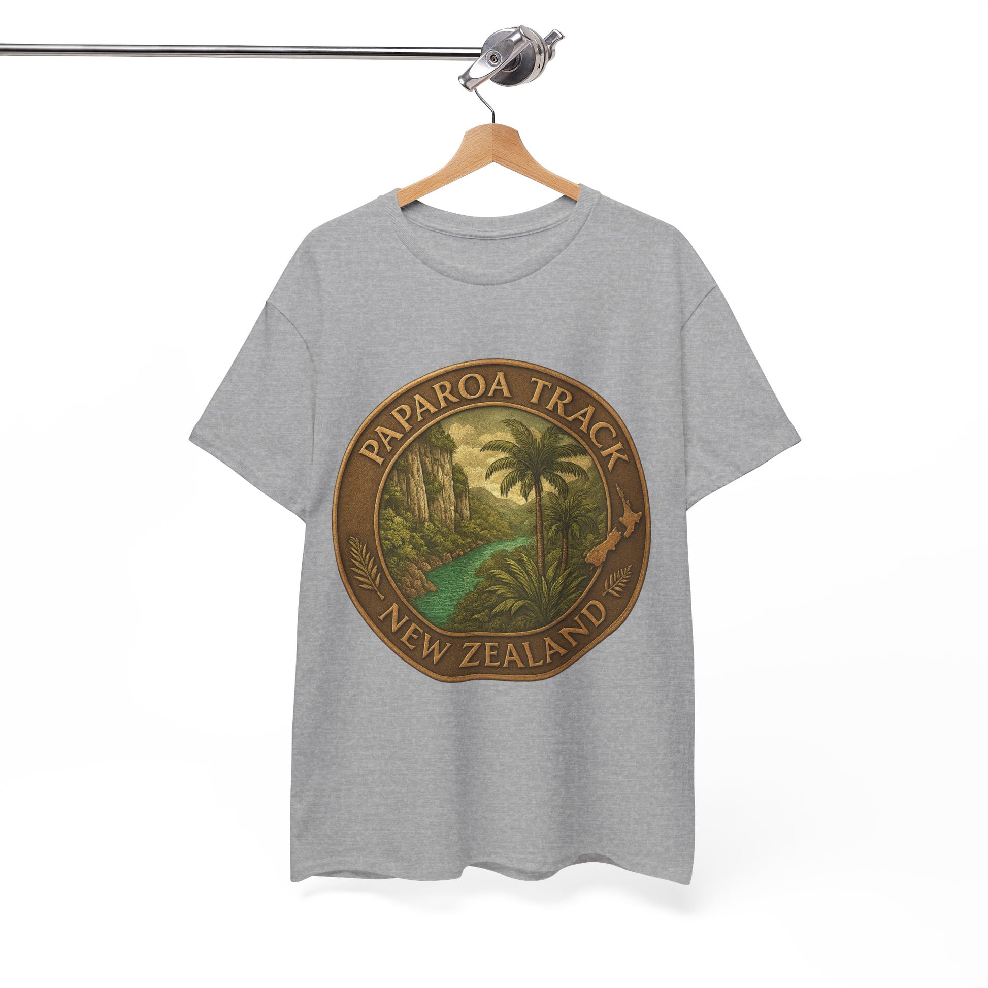 Gray t-shirt with Paparoa Track New Zealand design on a hanger