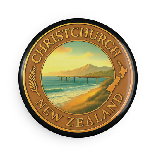 Round badge with Christchurch, New Zealand design featuring a beach and pier.