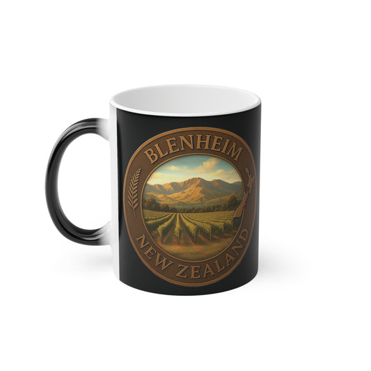 Black mug with a scenic design and 'Blenheim New Zealand' text on a white background