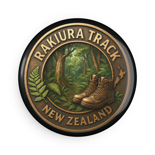 Round Fridge Magnet with Rakiura Track New Zealand design featuring boots and forest.