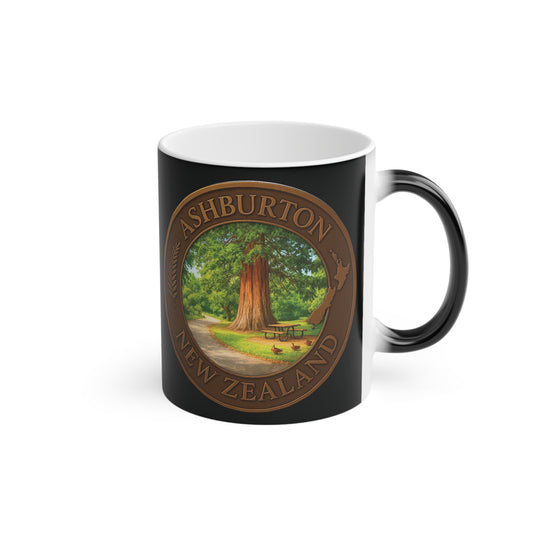 Black mug with a scenic design of Ashburton, New Zealand on a white background
