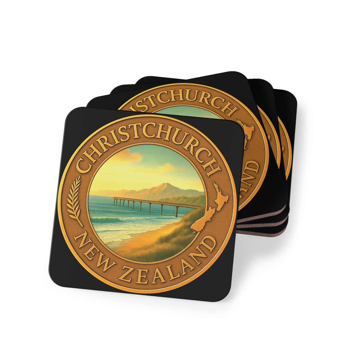 Set of Christchurch, New Zealand coasters with scenic design on a white background