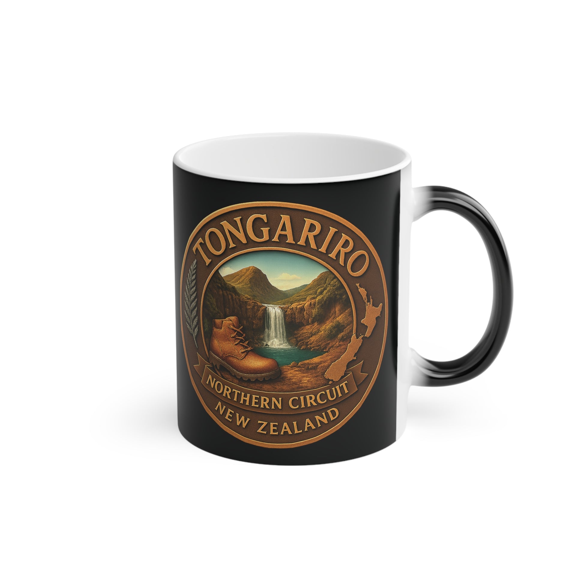 Coffee cup Black mug with Tongariro Northern Circuit New Zealand design on a white background