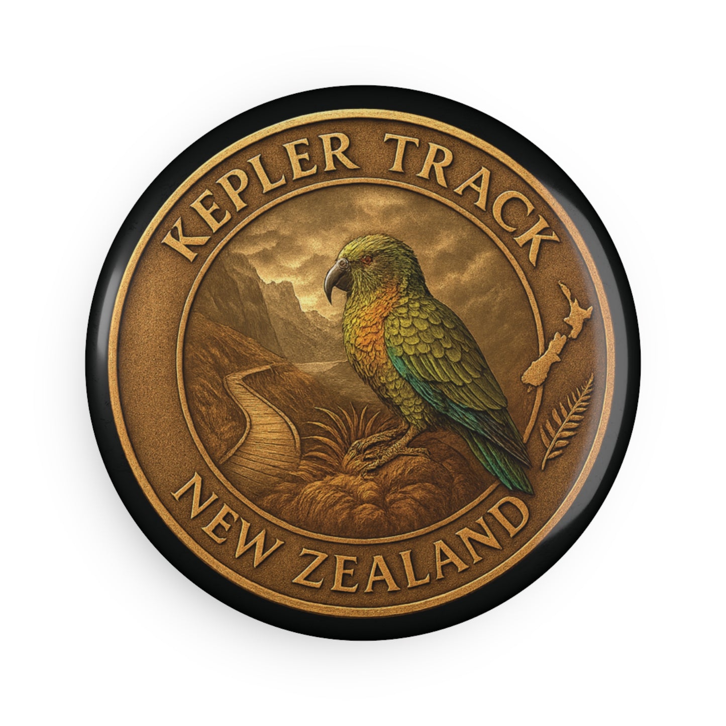 Round badge with a parrot illustration and 'Kepler Track, New Zealand' text on a white background