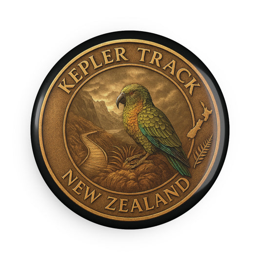 Round badge with a parrot illustration and 'Kepler Track, New Zealand' text on a white background