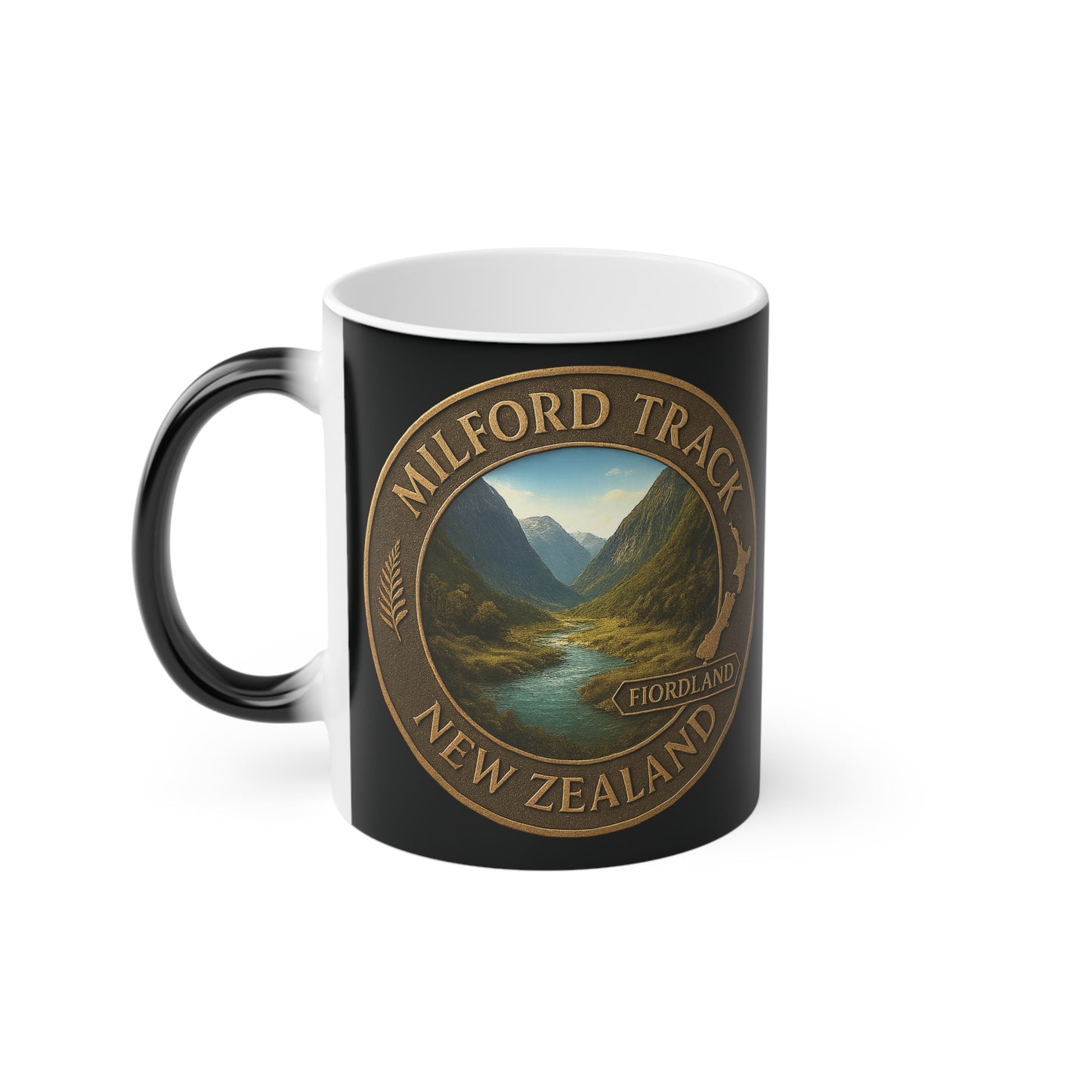 Black mug with Milford Track New Zealand design on a white background