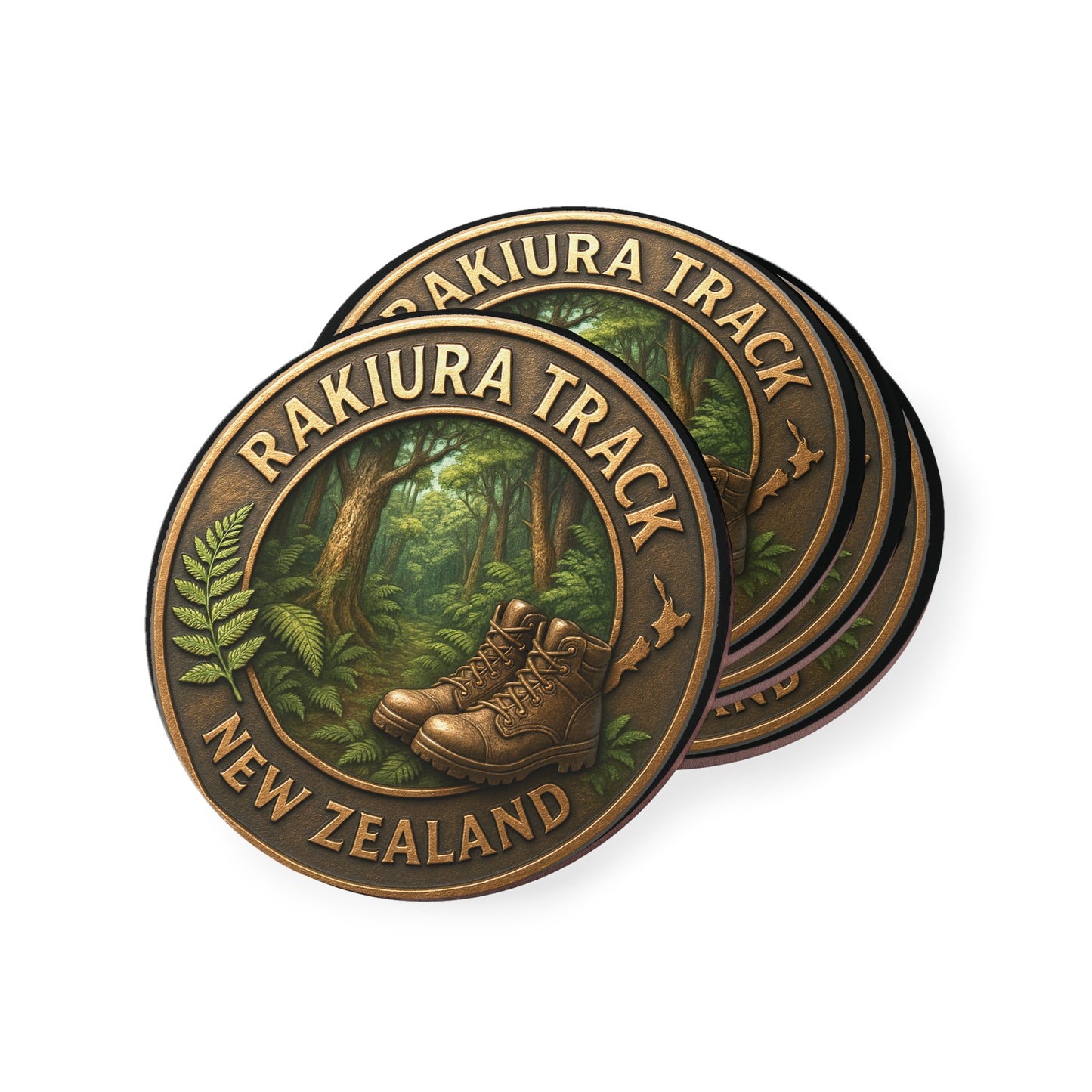 Coasters with Rakiura Track New Zealand design featuring a boot and forest scene.