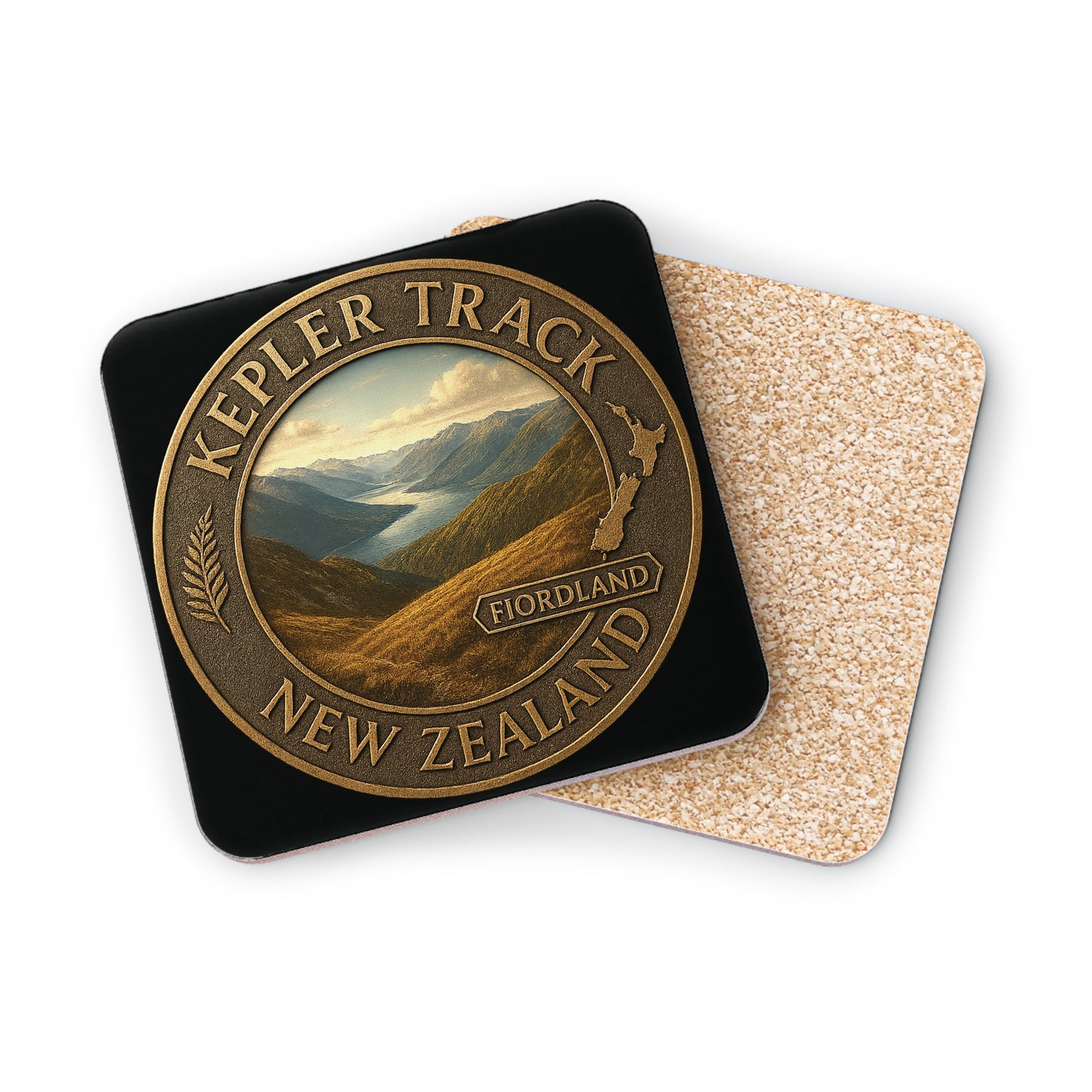 Coaster set with a scenic design and 'Kepler Track, New Zealand' text on a white background