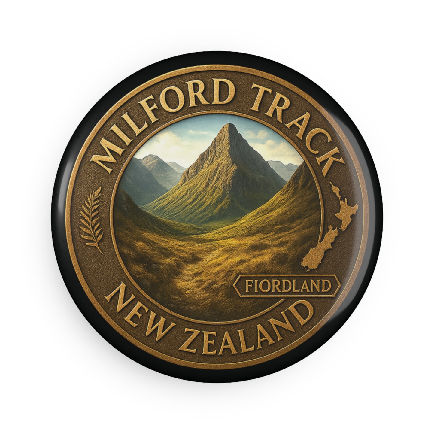 Round badge with 'Milford Track, New Zealand' text and mountain graphic on a white background
