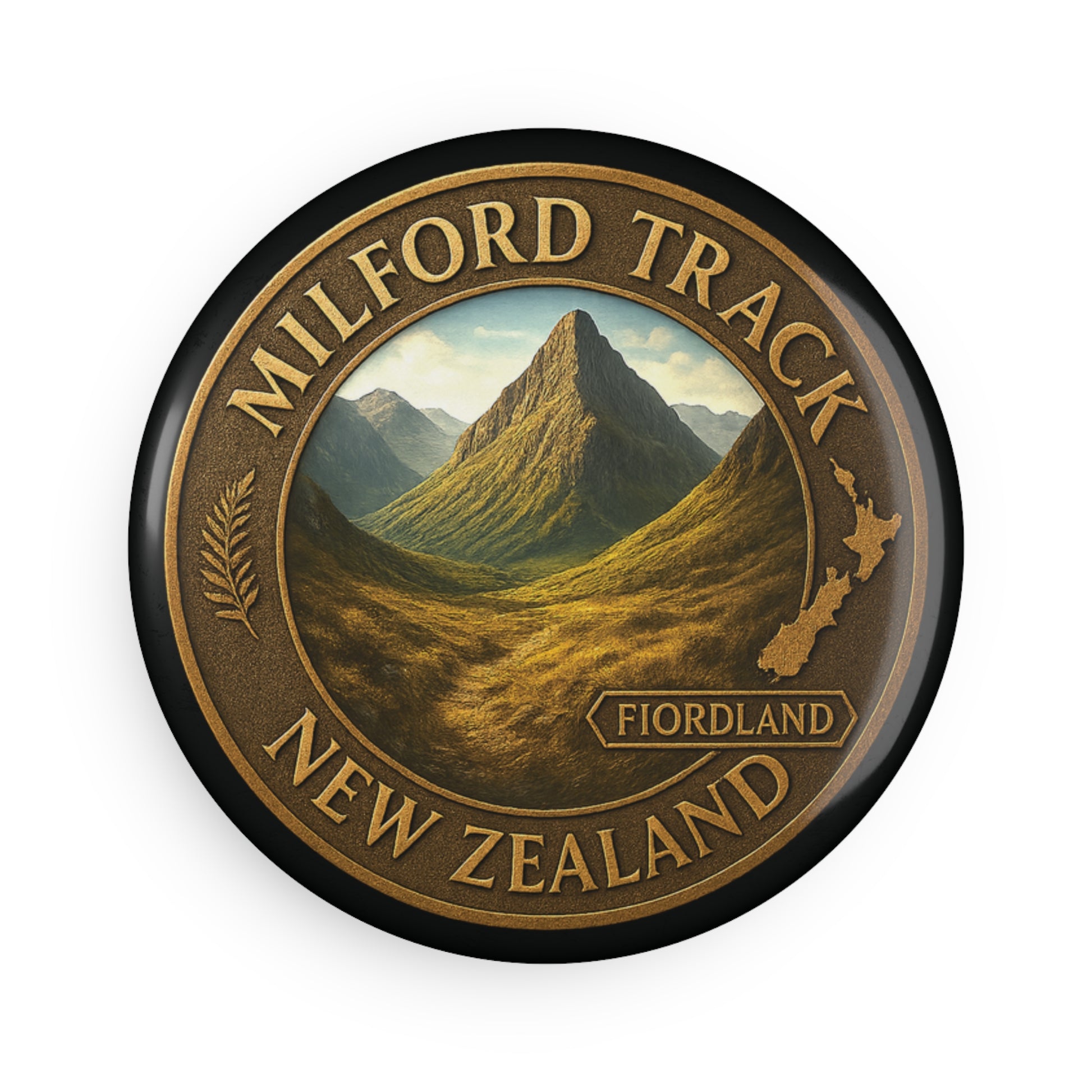 Round badge with 'Milford Track, New Zealand' text and mountain graphic on a white background