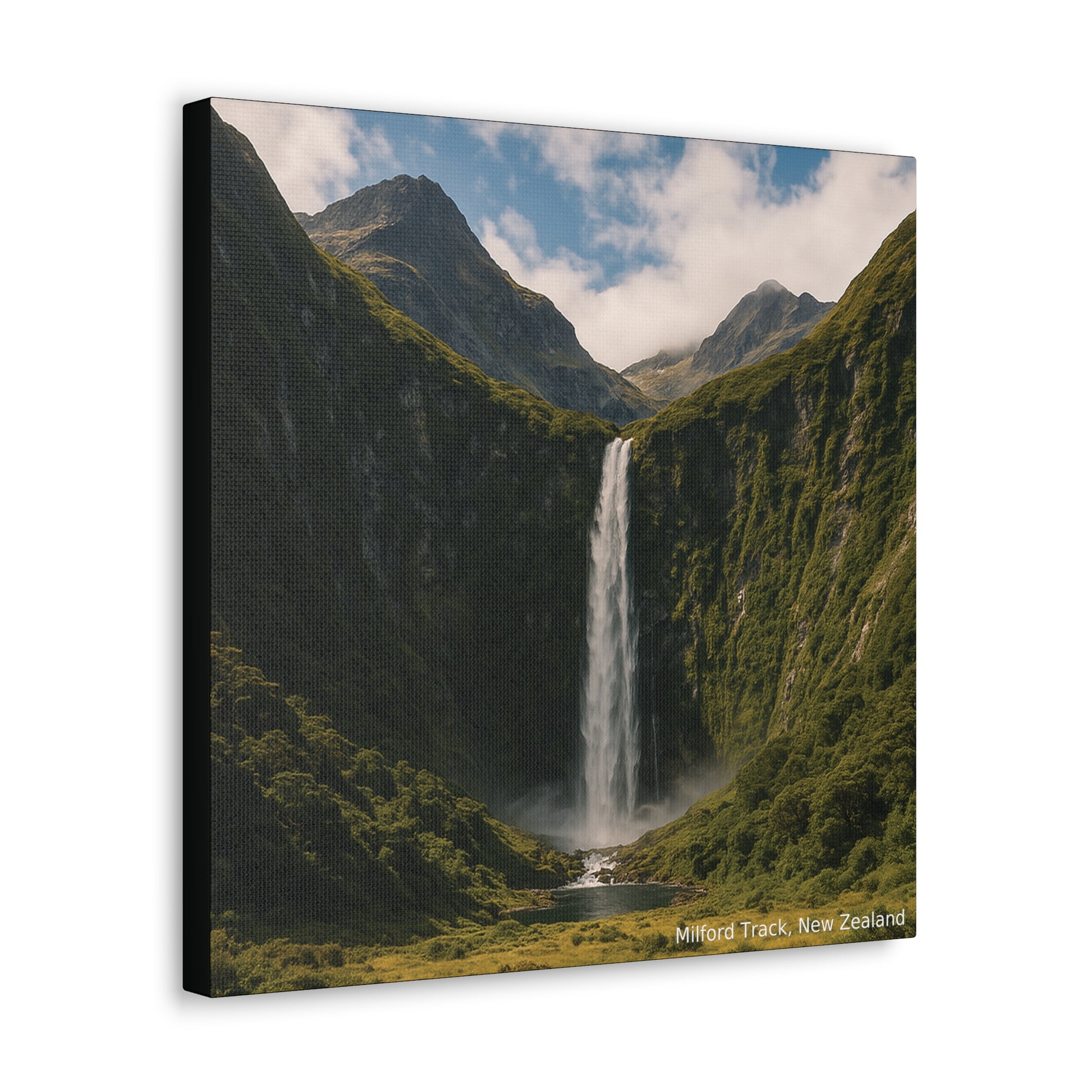 Canvas print of a waterfall in a mountainous landscape with 'Milford Track, New Zealand' text.