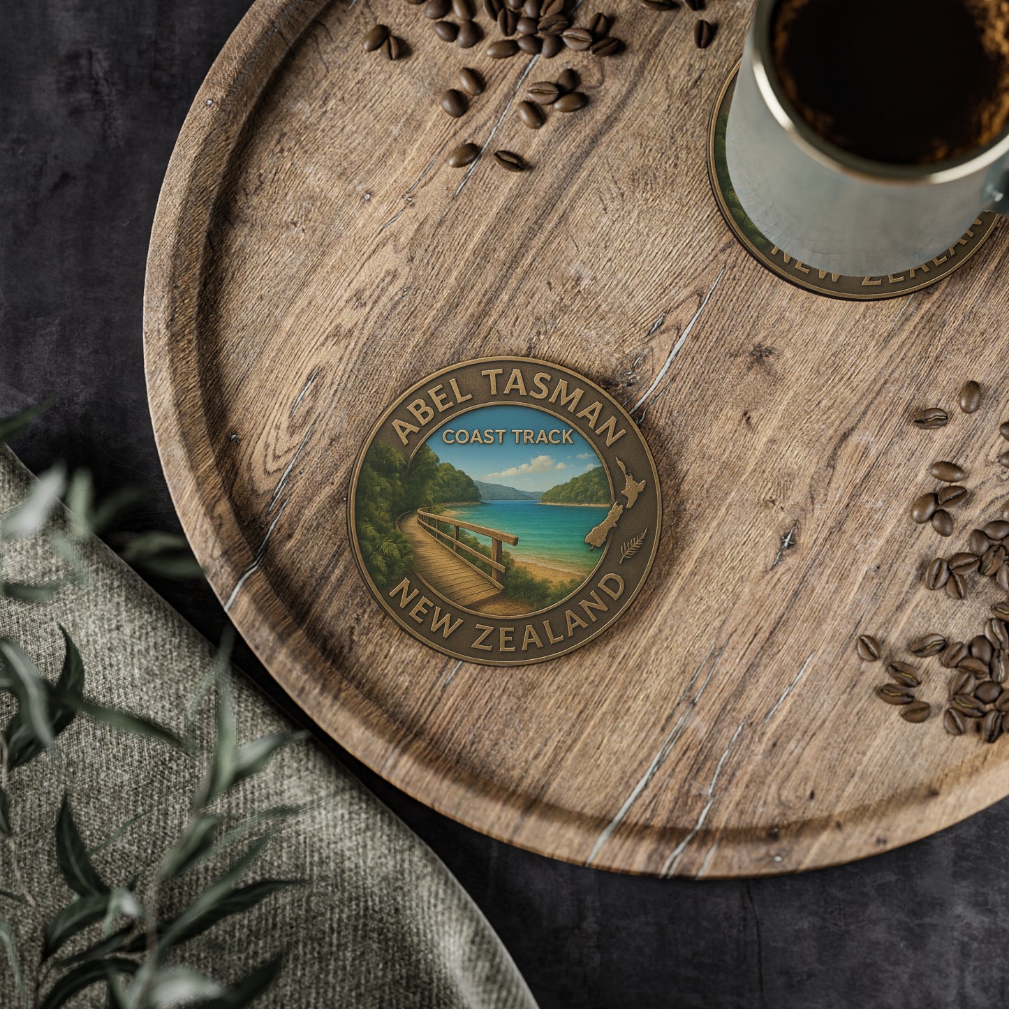 Wooden tray with Abel Tasman New Zealand coaster, coffee, and coffee beans.